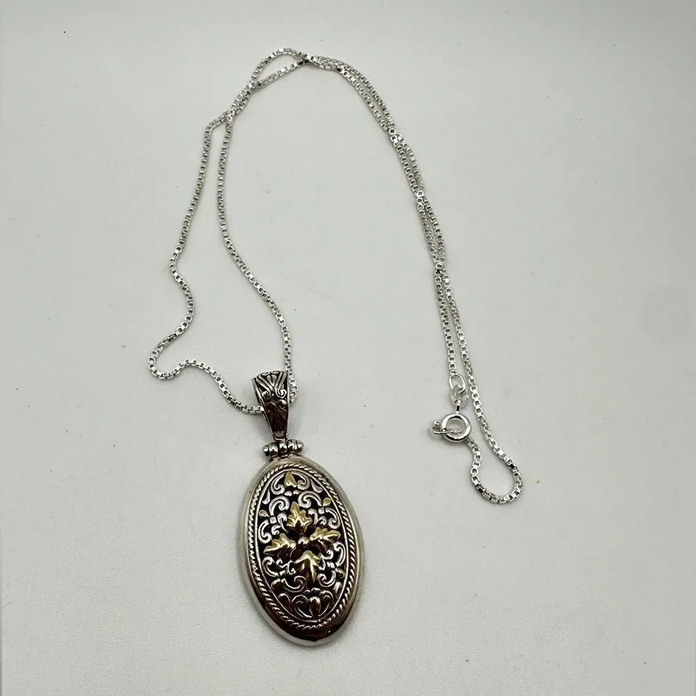Stunning Oval-Filigree Silver and 14k Pendant with 20